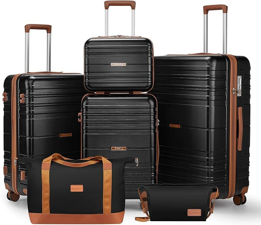 Luggage Sets 6 Piece with Spinner Wheels, Lightweight Hardshell Suitcase Set with TSA Lock, Carry On Checked Luggage with Travel Bag & Toiletry Bag (Black, 6 piece sets（14/20/24/28/DB/TB）)