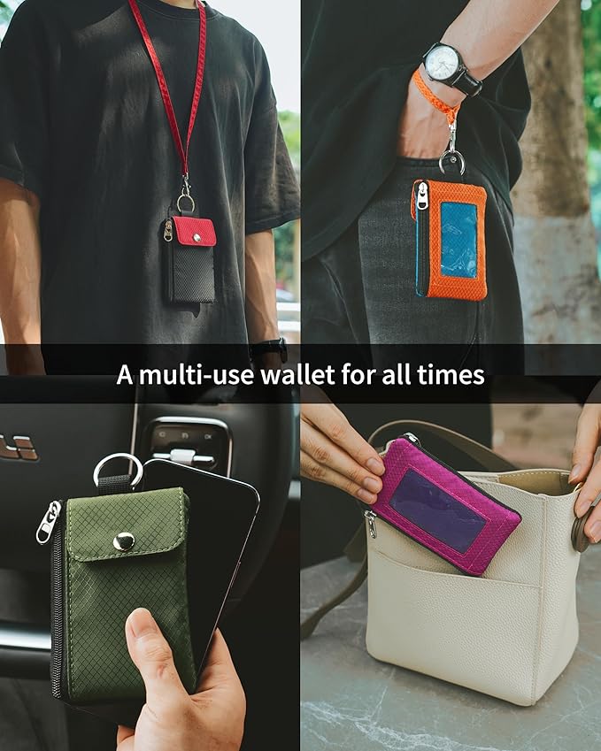 Minimalist Wallet For Mens Womens, Keychain RFID Blocking Zipper Small Wallet with ID Window 2 Lanyards,Water Resistant Travel Cash Card Coin Case Boys Girls