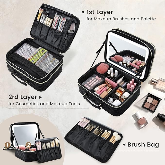 Makeup Bag with LED Lighted Mirror 12.2 IN Travel Double Layer Makeup Case Adjustable Brightness in 3 Colors Cosmetic Organizer Artist Storage with Dividers Brush Holder Vanity Black Checkerboard