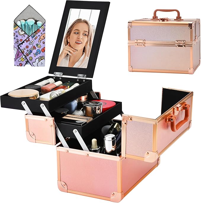 Makeup Train Case, Portable Makeup Case with Mirror, 2-Trays Cosmetic Organizer Case,Nail Polish Organizer, Travel Makeup Box, Profesional for Salon Barber, Rose Gold