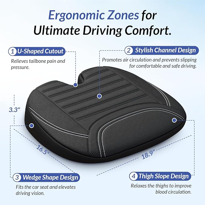 ZIKEE All-Season Car Seat Cushion for Comfortable & Safe Driving, Breathable Seat Cushion for Car with Ventilated Channel & Mesh Cover, Memory Foam for Sciatica, Tailbone & Back Pain Relief, Anti-Slip