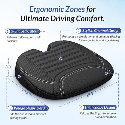 ZIKEE All-Season Car Seat Cushion for Comfortable & Safe Driving, Breathable Seat Cushion for Car with Ventilated Channel & Mesh Cover, Memory Foam for Sciatica, Tailbone & Back Pain Relief, Anti-Slip