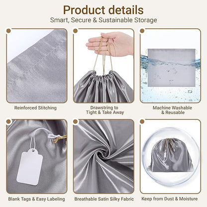 Ewen 7pcs Satin Shoe Bags with Blank Tag, 19.6x15.7in Dust Bags for Handbags with Drawstring, Dustproof Travel Essentials Large Packing Bag, Gray Purse Organizer for Home Storage Jewelry Organization