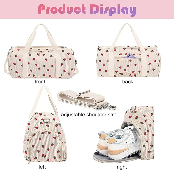 Kids Strawberry Duffle Bag for Girls and Woman with Shoe Compartments,Gymnastics Sports Bag for Kids Dance
