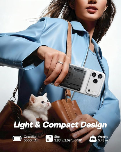 VEGER Portable Charger, Magnetic Power Bank with Phone Stand, Card Slot RFID Blocking, Global Tracking, 20W USB-C Fast Charging Powerbank, 15W Wireless Battery Pack for iPhone17/16/15/14/13/12 Black