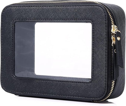 Pinkmik Clear Makeup Bag for Women Waterproof Travel Cosmetics and Toiletries Case Portable Makeup Oaganizer Bag Clear Car Bag with Zipper (Black, M)