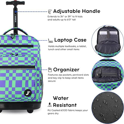 J World Sundance Laptop Rolling Backpack for Girls Boys. Roller Bookbag with Wheels, Pixel Checkers