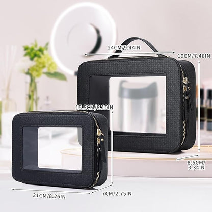 Pinkmik Clear Makeup Bag for Women Waterproof Travel Cosmetics and Toiletries Case Portable Makeup Oaganizer Bag Clear Car Bag with Zipper (Black, M+L)