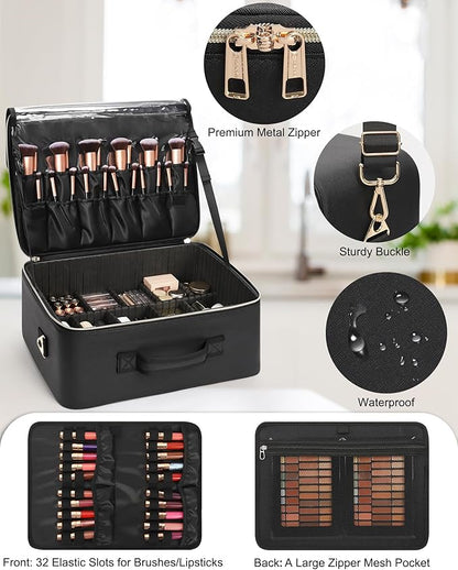 Relavel Extra Large Makeup Case Professional Cosmetic Storage Organizer Box Brush Holder with 4 Clear Set Bags for Makeup Artists with Shoulder Strap & Adjustable Dividers, Leather Black