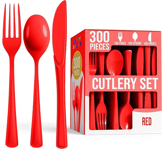 Red Plastic Silverware Heavy Duty 300 Pieces Red Disposable Silverware Heavy Duty, Utensil Sets, 100 Of Each Forks, Knives & Spoons Disposable Cutlery Set For Party Supplies