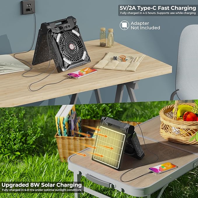 PANERGY Solar Fan with Lantern for Camping, Rechargeable Battery Powered Fan(36H cooling/60H lighting), 4-Speed, 8H Timer, 90°Folding Cordless & Portable for Outdoor Travel RV Power Outage