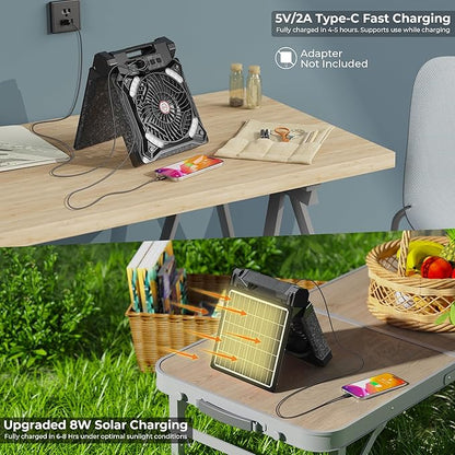 PANERGY Solar Fan with Lantern for Camping, Rechargeable Battery Powered Fan(36H cooling/60H lighting), 4-Speed, 8H Timer, 90°Folding Cordless & Portable for Outdoor Travel RV Power Outage