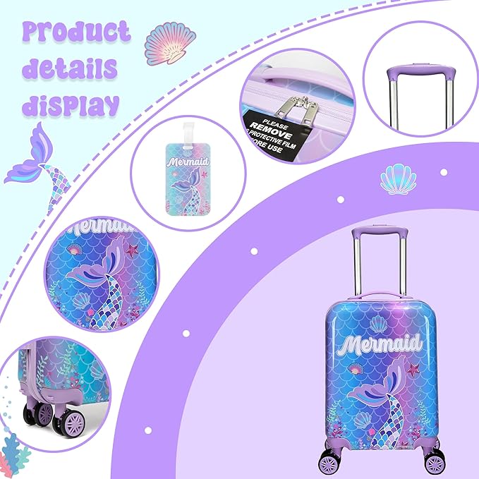 Cute Mermaid Kid’s Luggage Set 5 Piece Suitcase Set 16’’ Hardside Luggage with Spinner Wheels Girls Carry on Toddler Luggage Travel Rolling Suitcase Airline Approved