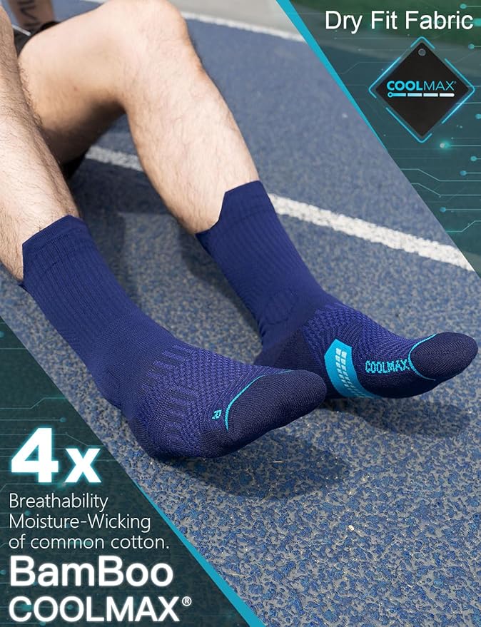 Mens Bamboo Viscose Crew Compression Running Socks Athletic Hiking Cushioned Wicking Anti-Blister Seamless