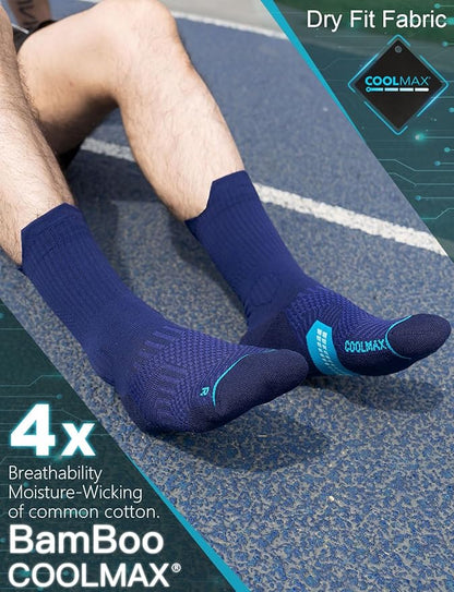 Mens Bamboo Viscose Crew Compression Running Socks Athletic Hiking Cushioned Wicking Anti-Blister Seamless