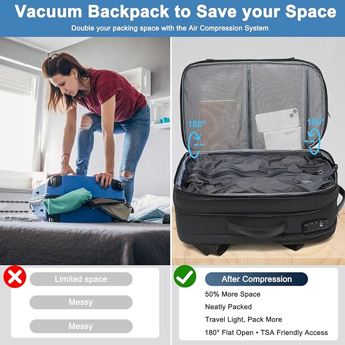 Vacuum Backpack Travel 60L Expandable Vacuum Seal Compression Travel Backpack with Pump, TSA, Waterproof Oxford,17" Laptop Compartment,Carry On Backpack for Men & Women,Business,Flight Travel(Blue)