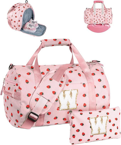 Christmas Gifts for Grandkids, Girls Gym Bag, Kids Personalized Weekend Duffel Bags with Shoe Compartment, Initial Travel Tote with Makeup Bag, Stocking Stuffers for Toddler (Letter W)