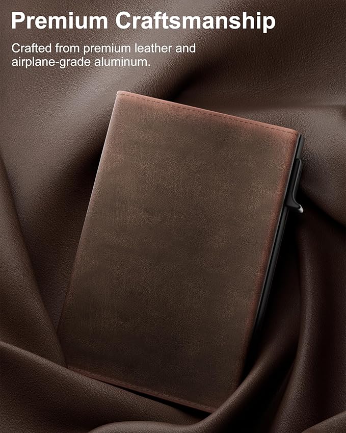 Wallet for Men Card Holder: Pop Up Card Case, RFID Blocking, Premium Genuine Leather, Slim, Minimalist, Front Pocket - 14 Card Capacity | ID Window | Cash Slot (Brown)