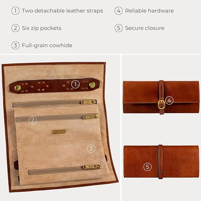Time Resistance Leather Jewelry Roll - Full Grain Leather Travel Jewelry Case - Jewellery Organizer Made in Italy (Cognac Brown)