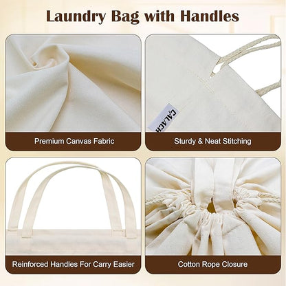 Canvas Laundry Bags with Handles & Square Base13.8"x 13.8", Large Heavy Duty Laundry Hamper Bag, College Dorm Washable Drawstring Cotton Dirty Clothes Sack (Beige,2 Pack)