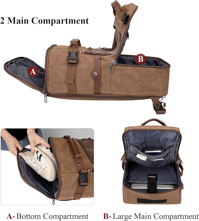 WITZMAN Travel Backpack for Men Women Carry on Luggage Backpack Canvas Rucksack Duffel bag with Shoe Compartment（A2020 Brown）