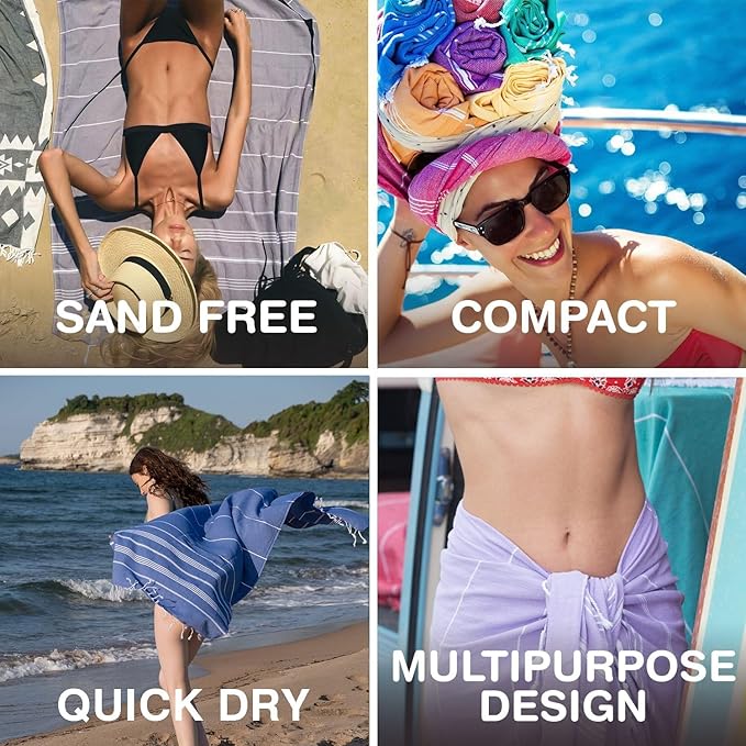 Turkish Beach Towels, Pack of 2 | Oversized, Quick Dry, Sand Free | 100% Cotton, Large 38x71 Towels for Beach, Pool, Travel | Ultra-Soft, Compact, and Absorbent | Blue