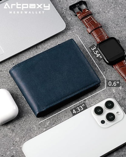Mens Wallet Bifold Genuine Leather RFID Blocking Wallet for Men with 1 ID Windows 13 Card Holders 2 cash pockets 1 Gift Box