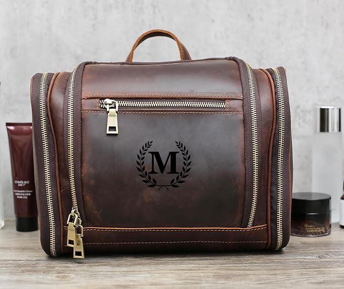 Personalized Leather Toiletry Bag for Men,Genuine Leather Toiletries Organizer,Travel Hanging Toiletry Bag Large Bathroom Shaving Kit Gifts for Dad,Husband,Boyfriend,Groomsmen,Golf,Birthday,Christmas