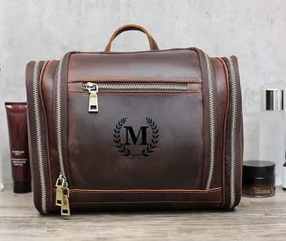 Personalized Leather Toiletry Bag for Men,Genuine Leather Toiletries Organizer,Travel Hanging Toiletry Bag Large Bathroom Shaving Kit Gifts for Dad,Husband,Boyfriend,Groomsmen,Golf,Birthday,Christmas
