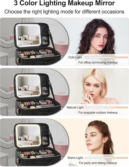 Chomeiu Makeup Bag with LED Mirror, Large Travel Cosmetic Train Case for Women, Makeup Artists Large Organizer Box with Vanity Light Up Mirror, 3 Color Lights, Adjustable Dividers (Black)
