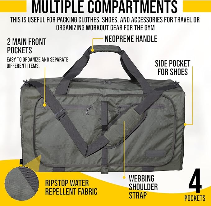 LEGEND 80L Foldable Duffle Bag for Travel - Packable Duffle Bags w/Shoe Compartment - Tear Resistant Collapsible Duffel Bags for Traveling - Lightweight Folding Duffel Bag for Men & Women -Army Green