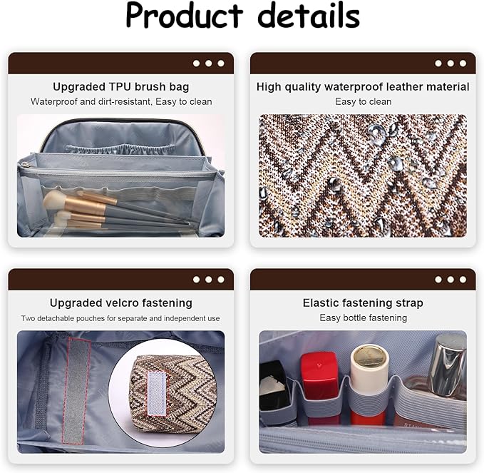 BOYATU Travel Makeup Bag for Women: Western Boho Make up Bag Set of 3 - Large Capacity Vegan Leather Cosmetic Bag - Waterproof Toiletry Bag with Compartments & Handle & Divider(J-2-Brown)