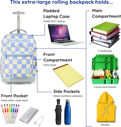 J World Sundance Laptop Rolling Backpack for Girls Boys. Roller Bookbag with Wheels, Wiggle Blue