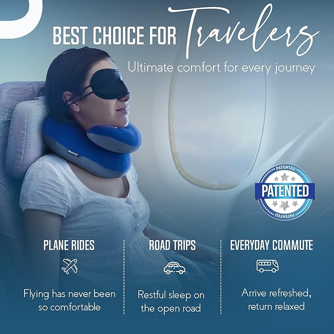 BCOZZY Travel Neck Pillow for Airplane– Patented Double Support for Head, Neck, and Chin. Best for Long Flights, Plane Sleeping, and Car Rides. Adjustable Size. Fully Washable. Carry Bag. Large, Black