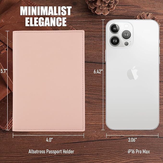 STAR VISTA Albatross Leather Travel Passport Holder, Minimalist Design, Calfskin Leather Case for Women and Men - Slim Passport Wallet, Bifold, RFID Blocking, with AirTag Holder, Pale Pink