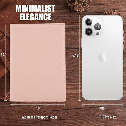 STAR VISTA Albatross Leather Travel Passport Holder, Minimalist Design, Calfskin Leather Case for Women and Men - Slim Passport Wallet, Bifold, RFID Blocking, with AirTag Holder, Pale Pink