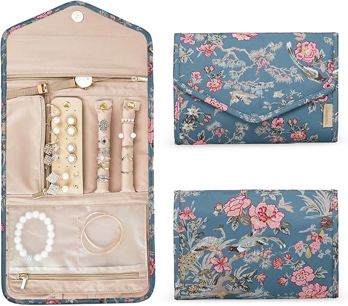 BAGSMART Travel Jewellery Organiser Roll Foldable Jewelry Case for Journey-Rings, Necklaces, Bracelets, Earrings, Flower Bird