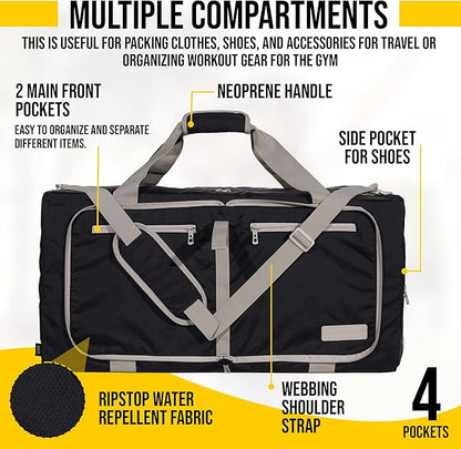 LEGEND 80L Foldable Duffle Bag for Travel - Packable Duffle Bags w/Shoe Compartment - Tear Resistant Collapsible Duffel Bags for Traveling - Lightweight Folding Duffel Bag for Men & Women -Black
