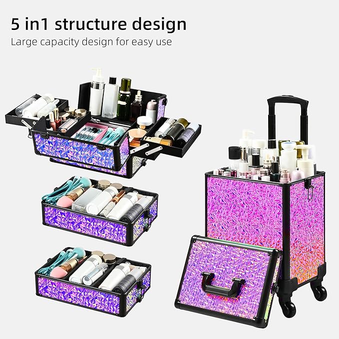 Rolling Makeup Case, Makeup Train Case with Lid, 5 in 1 Cosmetology Case on Wheels, Christmas Gift, Large Makeup Case Organizers, Profesional Cosmetic Case for Salon Barber,Black Colorful