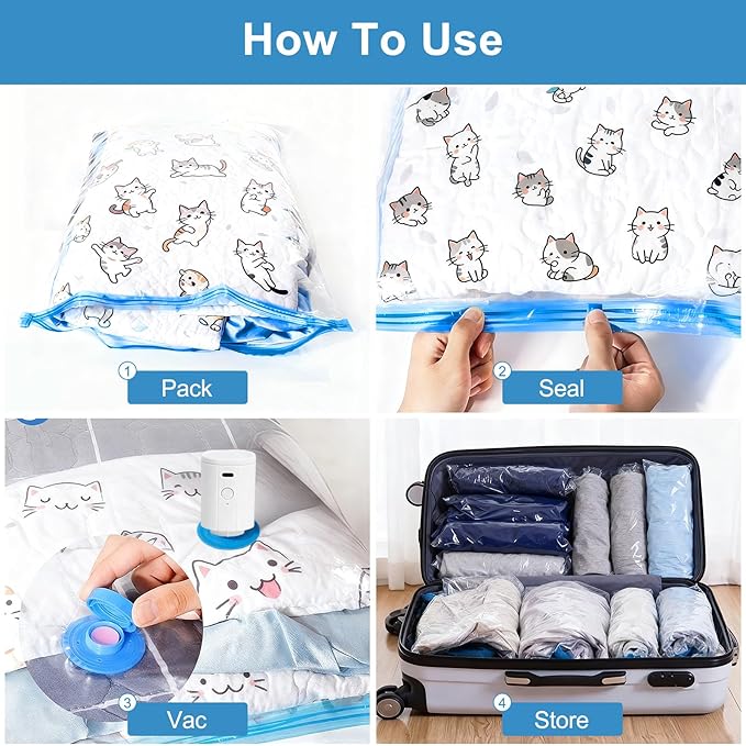 Owfeel 14 Pack Travel Vacuum Bags With Wireless Pump, Portable Compression Bags for Travel, Space Saver Vacuum Seal Bags for Clothing, Luggage, Pillows, Comforters, Reusable & Durable (14 PCS)