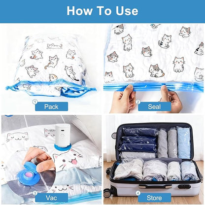 Owfeel 14 Pack Travel Vacuum Bags With Wireless Pump, Portable Compression Bags for Travel, Space Saver Vacuum Seal Bags for Clothing, Luggage, Pillows, Comforters, Reusable & Durable (14 PCS)