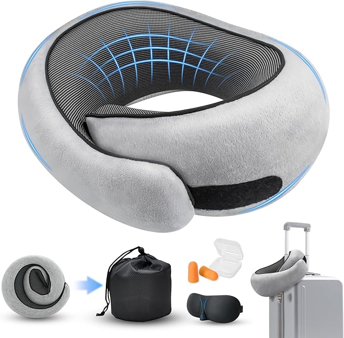 Neck Pillow for Traveling, Travel Pillows for Airplanes 2025 New 100% Pure Memory Foam, Neck Pillow Airplane with 360º Ergonomic Design, Travel Neck Pillows for Airplanes, Office and Car