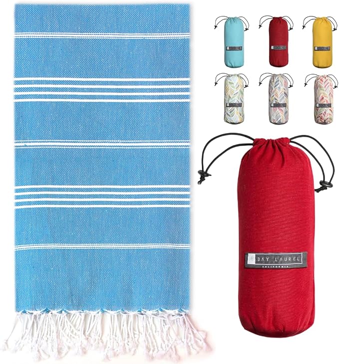 BAY LAUREL Turkish Beach Towel with Travel Bag 39 x 71 Quick Dry Sand Free Lightweight Large Oversized Towels Light (Blue with Red Bag)
