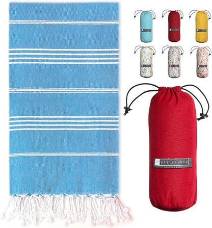 BAY LAUREL Turkish Beach Towel with Travel Bag 39 x 71 Quick Dry Sand Free Lightweight Large Oversized Towels Light (Blue with Red Bag)