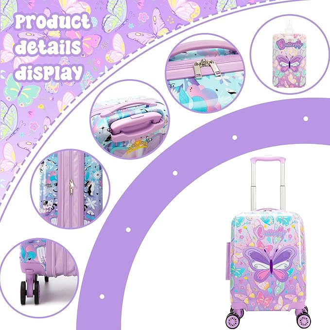 Kid's Luggage Set 3 Piece Suitcase Set 16" Hardside Luggage with Spinner Wheels Girls Carry on Toddler Travel Rolling Suitcase with Duffle Bag Neck Pillow Airline Approved