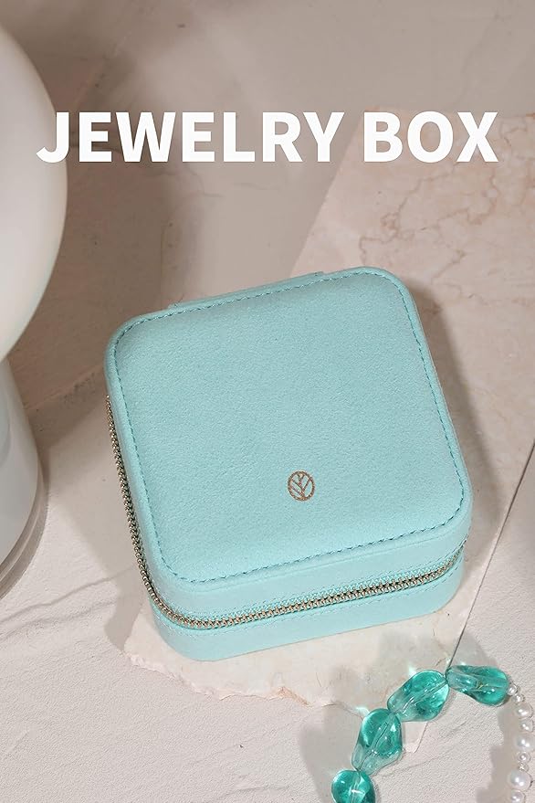 S.Leaf Travel Jewelry Organizer Boxes for Women Small Portable Necklace Earrings Bracelet Rings Travel Case Best Friend Birthday Gifts for Women Trendy (07_Suede_Touch_Mint_Green)
