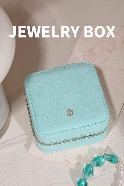 S.Leaf Travel Jewelry Organizer Boxes for Women Small Portable Necklace Earrings Bracelet Rings Travel Case Best Friend Birthday Gifts for Women Trendy (07_Suede_Touch_Mint_Green)