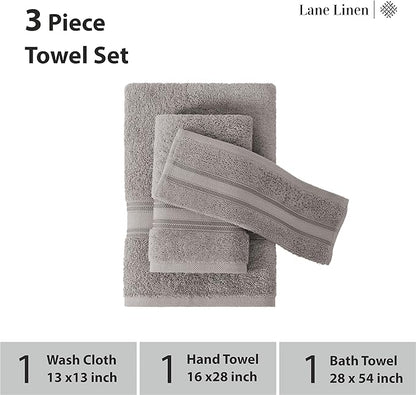 LANE LINEN Luxury Bath Towels Set - 3 Piece 100% Cotton Bathroom Towels, Quick Dry, Extra Aborbent, Super Soft Towels Set 1 Hand Towel, 1 Wash Cloths, 1 Bath Towel, Space Grey