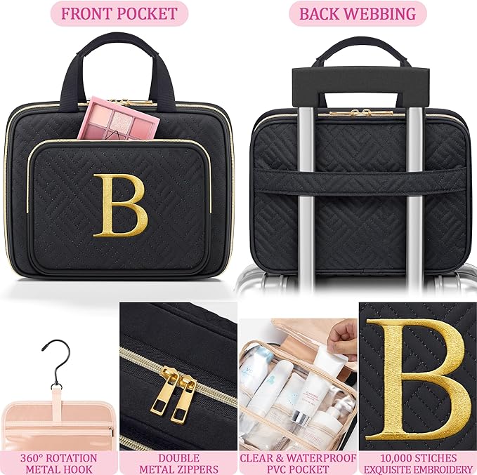 Gifts for Women, Initial Toiletry Makeup Bag Hanging Cosmetic Organizer with Embroidery Letter Personalized Nurse Teacher Appreciation Gift Birthday Christmas Gifts for Mom Sister Wife Friend Auntie