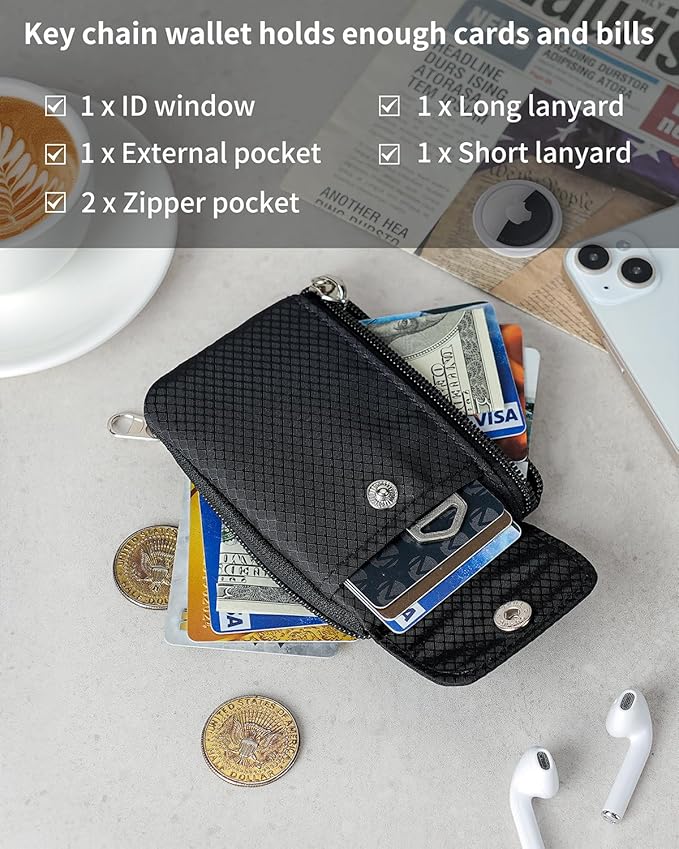 Minimalist Wallet For Mens Womens, Keychain RFID Blocking Zipper Small Wallet with ID Window 2 Lanyards,Water Resistant Travel Cash Card Coin Case Boys Girls